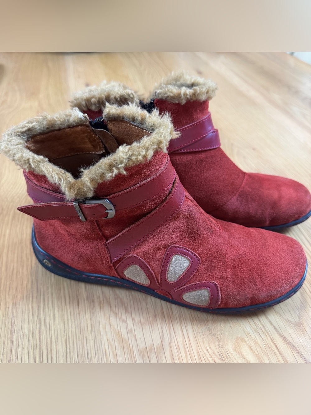 Josef Seibel Red Suede Ankle Booties with Faux Fur Collar